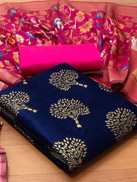 

MORLY Women Navy Blue & Gold-Toned Dupion Silk Unstitched Dress Material