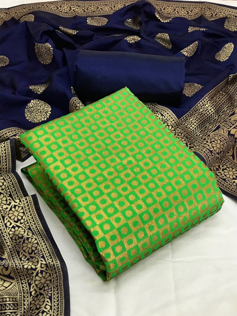 

MORLY Women Green & Navy Blue Dupion Silk Unstitched Dress Material