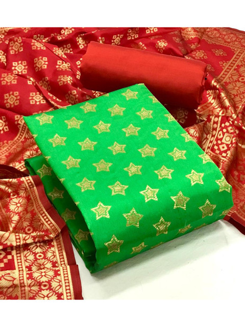 

MORLY Women Green & Red Dupion Silk Unstitched Dress Material