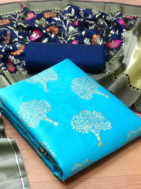 

MORLY Women Turquoise Blue & Blue Dupion Silk Unstitched Dress Material