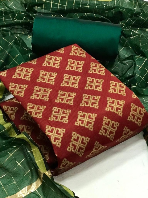

MORLY Women Maroon & Green Dupion Silk Unstitched Dress Material