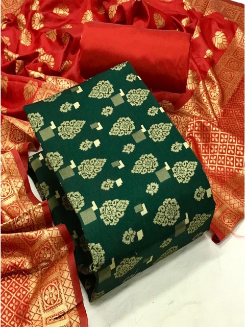 

MORLY Women Green & Red Dupion Silk Unstitched Dress Material