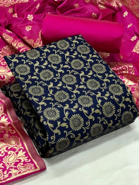 

MORLY Women Blue & Pink Dupion Silk Unstitched Dress Material