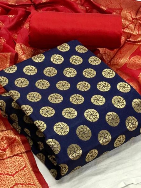 

MORLY Women Navy Blue & Red Dupion Silk Unstitched Dress Material