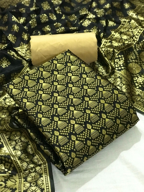 

MORLY Women Black & Gold-Toned Dupion Silk Unstitched Dress Material