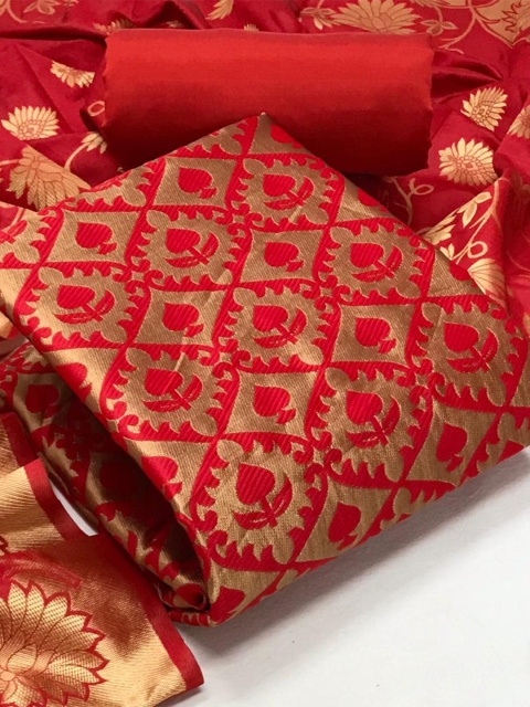 

MORLY Women Red & Gold-Toned Dupion Silk Unstitched Dress Material