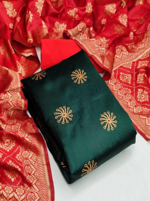 

MORLY Women Green & Red Dupion Silk Unstitched Dress Material