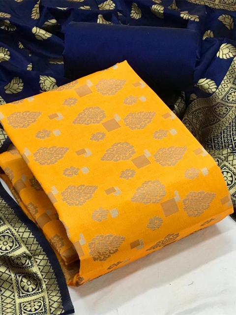 

MORLY Women Yellow & Navy Blue Dupion Silk Unstitched Dress Material