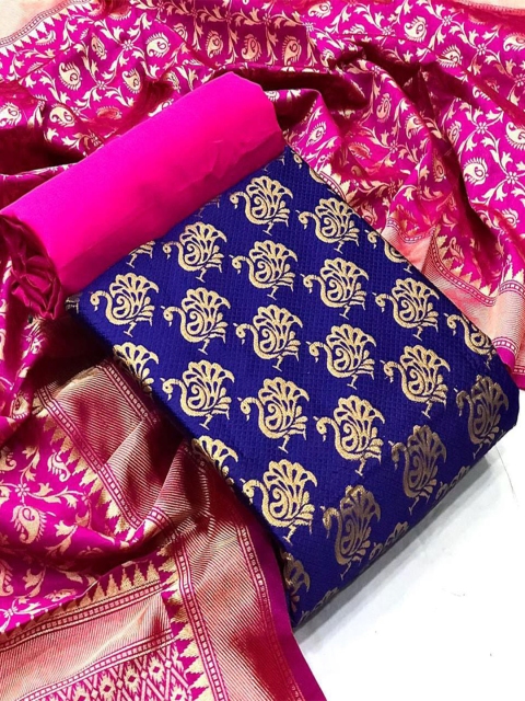 

MORLY Women Navy Blue & Pink Dupion Silk Unstitched Dress Material