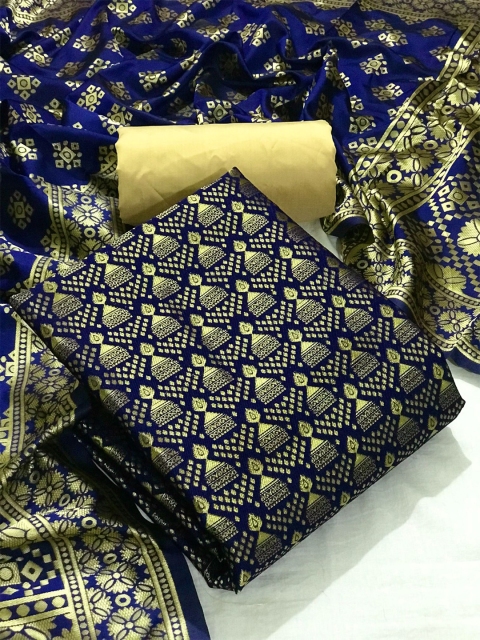 

MORLY Women Navy Blue & Gold-Toned Dupion Silk Unstitched Dress Material