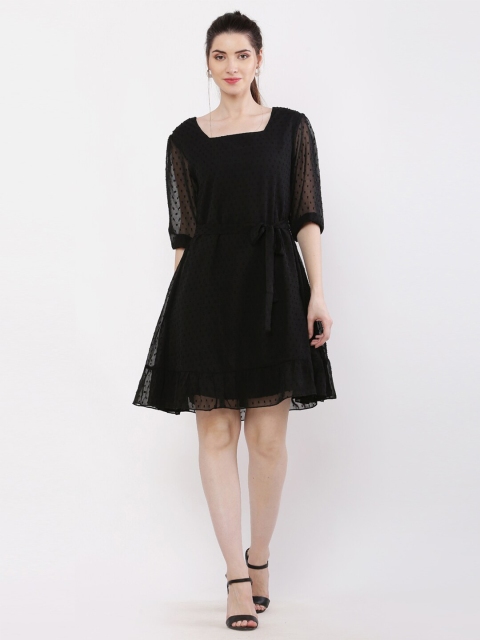 

WinEra Black Dobby Puff Sleeves Fit and Flare Dress