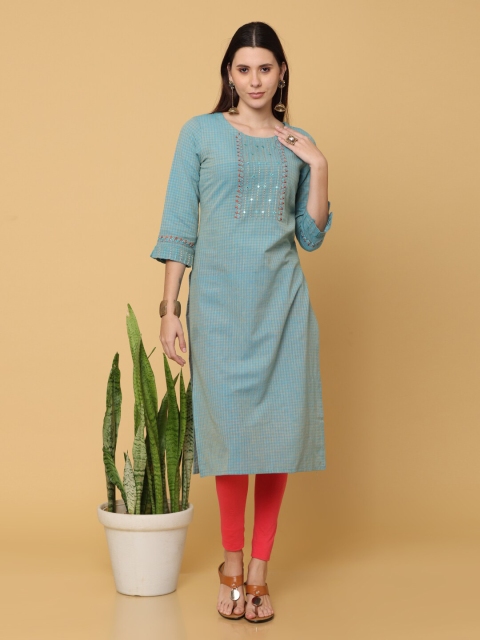 

NAYRA Women Turquoise Blue Checked Mirror Work Pure Cotton Kurta