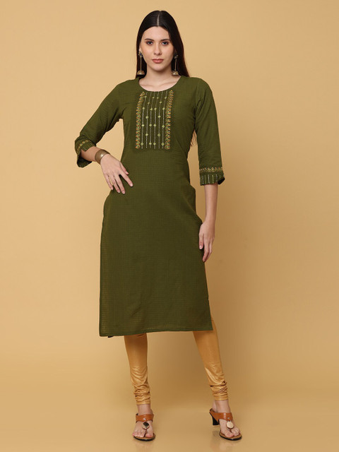 

NAYRA Women Olive Green Checked Mirror Work Pure Cotton Kurta