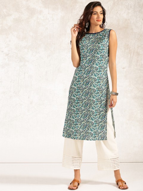 

Anouk Women Blue & Off-White Printed Straight Kurta