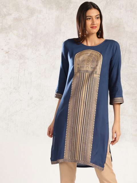 

Anouk Women Navy Printed Straight Kurta, Navy blue