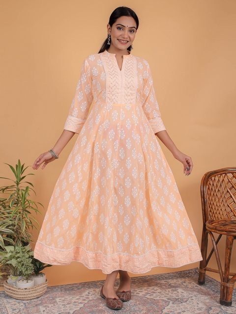 

ETHNIC STREET Women Peach Cotton Anarkali Panelled Printed Kurta with Dupatta