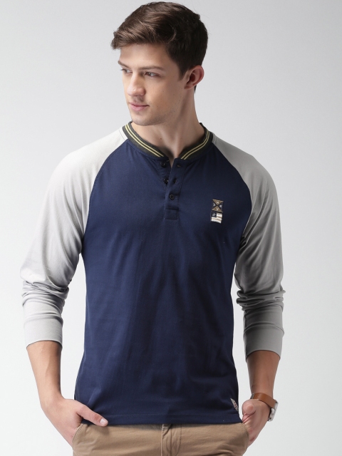 

Harvard Men Navy Grey Solid Henley Pure Cotton T-shirt, Navy blue