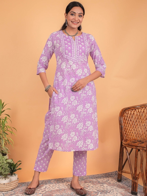 

ETHNIC STREET Women Lavender Floral Printed Pure Cotton Kurta with Trousers & With Dupatta