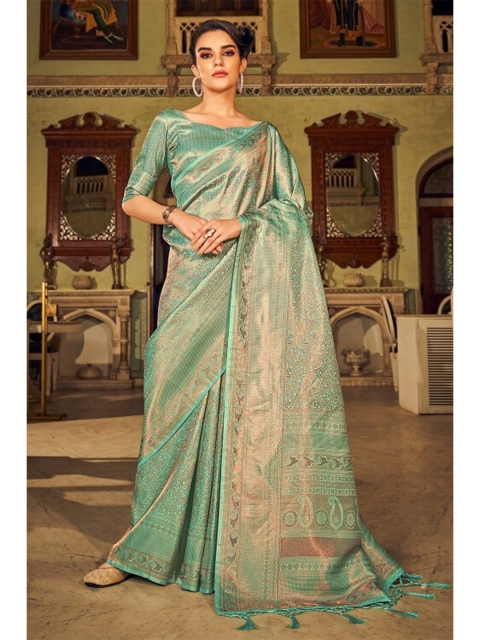 

KARAGIRI Blue & Gold-Toned Woven Design Zari Silk Blend Kanjeevaram Saree