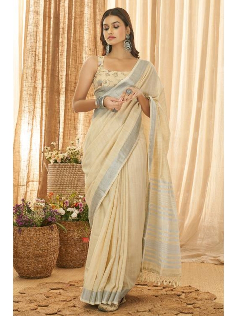 

KARAGIRI Cream-Coloured & Silver-Toned Striped Saree