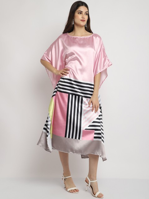 

WOOFFLY Pink Satin Kaftan Midi Dress