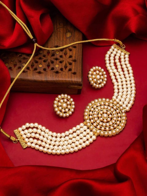 

LAFORWORD Gold-Plated & Toned White Beaded Jewellery Set
