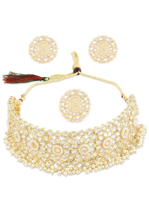 

LAFORWORD Gold-Plated White Stone Studded & Beaded Jewellery Set