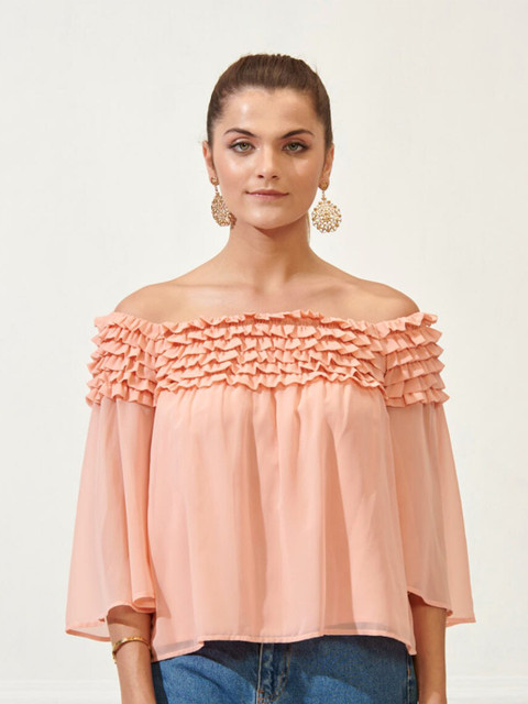 

Style Island Women Peach-Coloured Off-Shoulder Ruffles Bardot Top