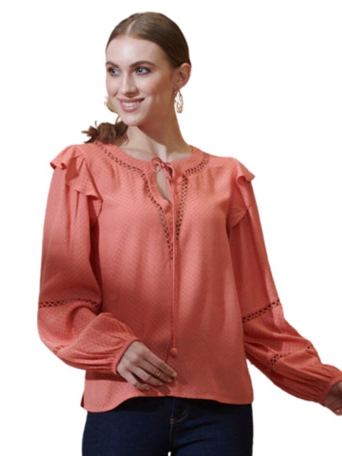

Style Island Women Tie-Up Neck Ruffles Top, Peach