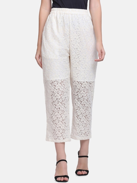 

SAKIA Women Off White Floral Easy Wash Trousers