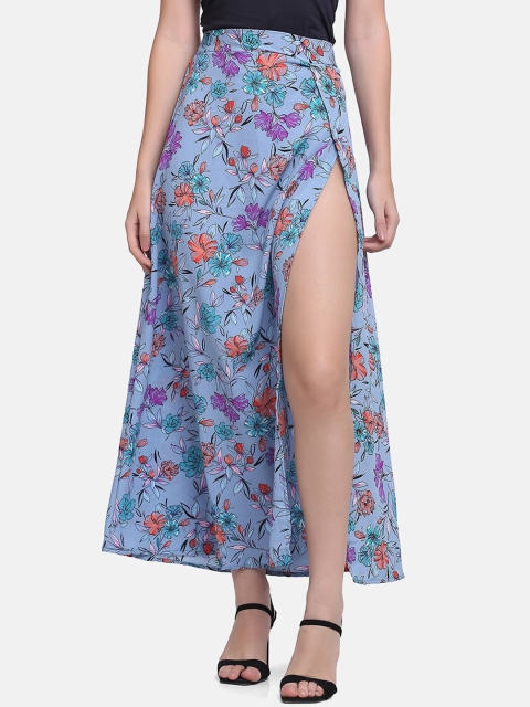 

SAKIA Women Blue Floral Printed Front Slit Skirt