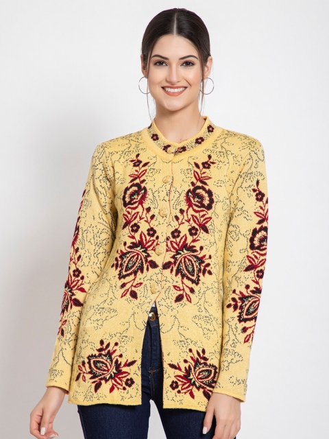 

TYSORT Women Yellow And Red Floral Printed Full Sleeves Woolen Cardigan