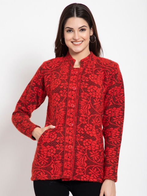 

TYSORT Women Red And Black Floral Self Design Full Sleeves Woolen Cardigan