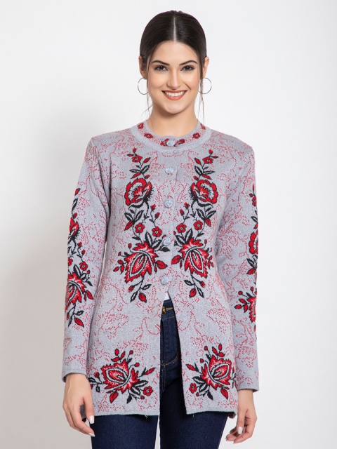 

TYSORT Women Grey And Red Floral Print Long Sleeves Front Button Woolen Cardigan
