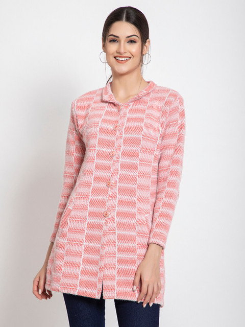 

TYSORT Women White And Pink Checked Self Design Woolen Long Cardigan
