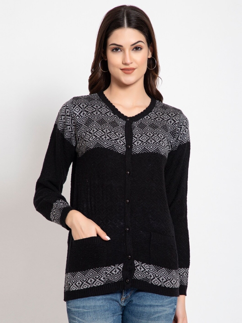 

TYSORT Women Black And Grey Geometric Self Design Woolen Cardigan