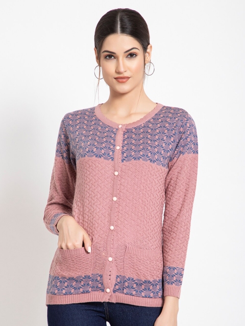 

TYSORT Women Pink And Blue Self Design Full Sleeves Woolen Cardigan Sweater