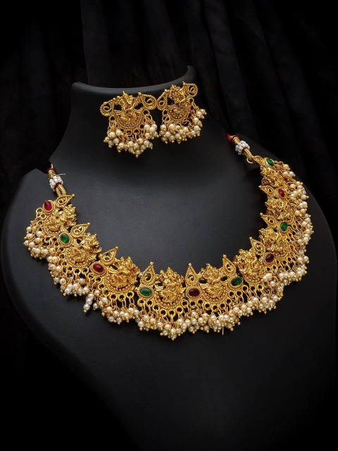 

LAFORWORD Gold-Plated Green & Pink Kundan-Studded & Beaded Jewellery Set