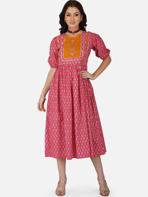 

METRO-FASHION Pink & Yellow Floral Print A-Line Midi Dress