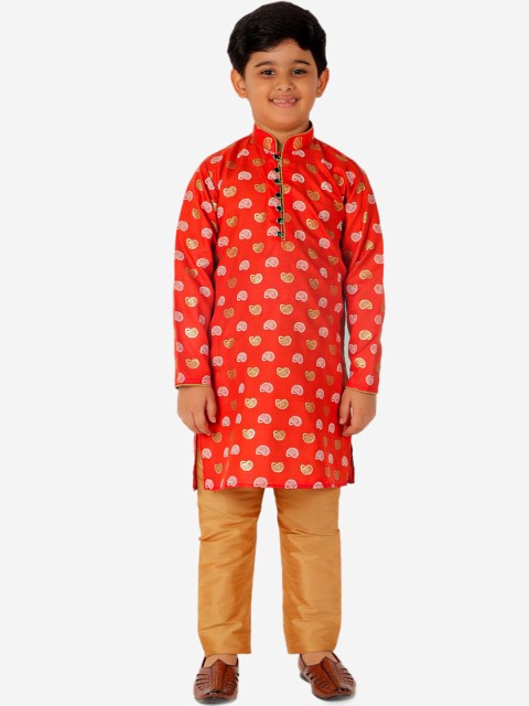 

Pro-Ethic STYLE DEVELOPER Boys Red & Gold Paisley Printed Pure Cotton Kurta with Pyjamas