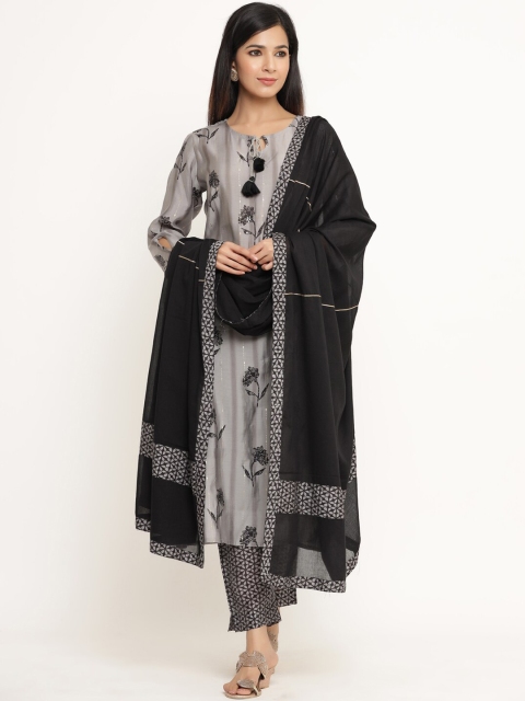 

Sangria Women Ethnic Motifs Printed Chanderi Silk Kurta with Trousers & With Dupatta, Grey