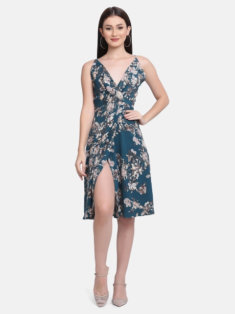 

SAKIA Women Teal & Grey Floral Printed Knee Length Wrap Dress