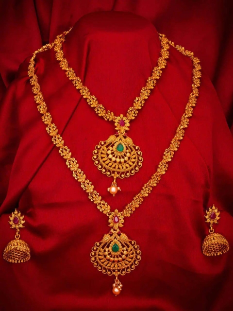 

LAFORWORD Gold-Plated Green & Pink Kundan-Studded & Beaded Jewellery Set