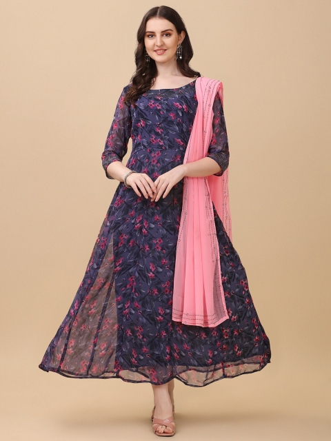Vidraa Western Store Grey & Pink Floral Georgette Ethnic Maxi Dress with Dupatta