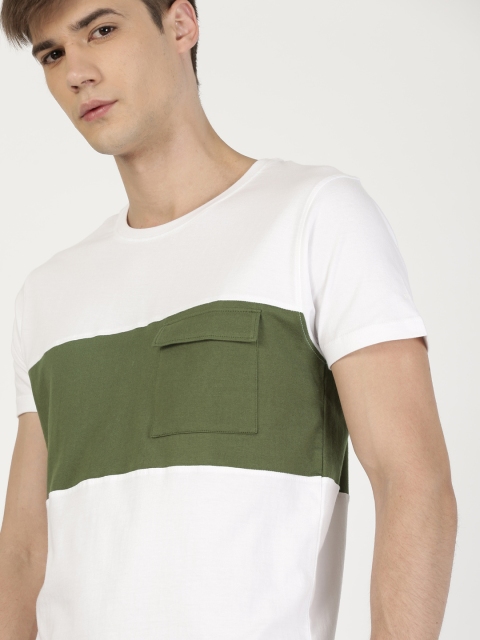 

ether Men White & Olive Green Colourblocked Polo T-shirt With Flap Pocket