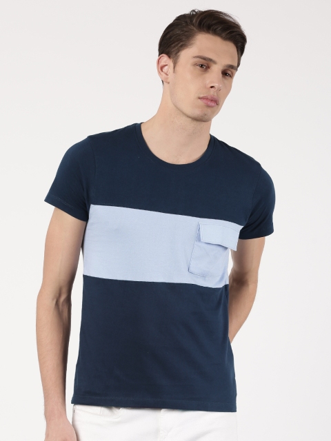 

ether Men Blue Colourblocked Polo T-shirt With Flap Pocket