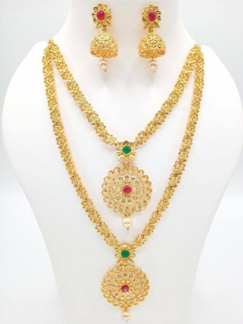 

LAFORWORD Gold-Plated Red & Green Stone-Studded & Beaded Jewellery Set