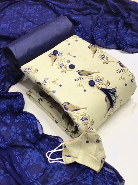 

MORLY Women Beige & Blue Printed Unstitched Dress Material
