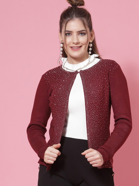 

Mafadeny Women Maroon Embellished Nylon Open Front Shrug