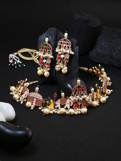 

LAFORWORD Women Gold-Plated Red & Green Stone-Studded & Beaded Jewellery Set